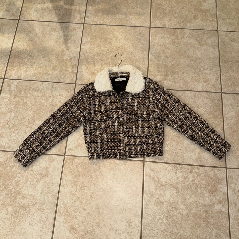 Sweet Rain Vintage OG Cream Black White Tweed Shimmer Plush Collar Jacket Coat